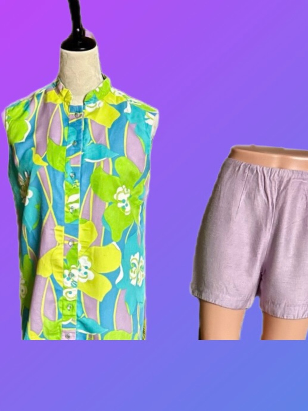 Handmade ~ Vintage (60’s) ~ Purple/ Blue Floral ~ 2 Piece ~ Blouse & Shorts Set